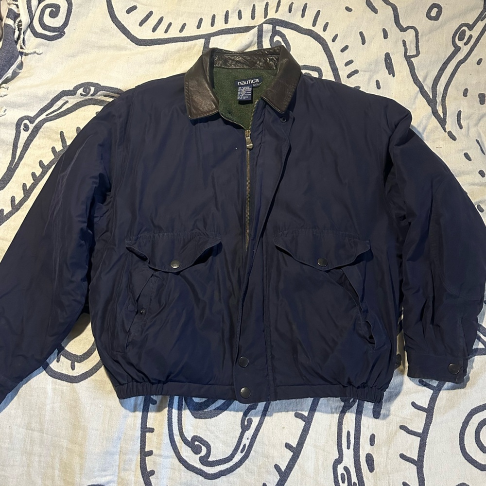 Nautica Dark Blue Bomber Jacket with Leather Collar